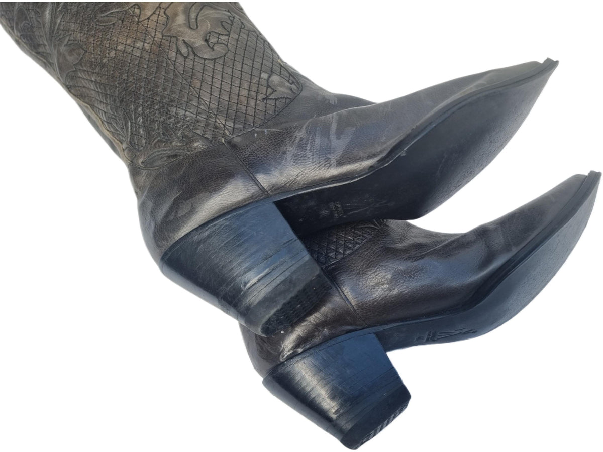 Tooled Leather Cowboy Boots: Italian Designer Western Boots - Size 40 / US 8.5