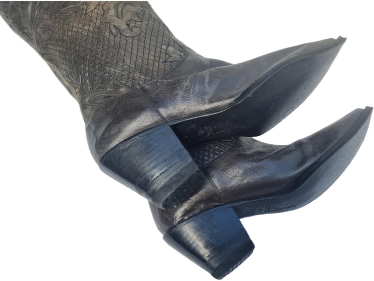 Tooled Leather Cowboy Boots: Italian Designer Western Boots - Size 40 / US 8.5