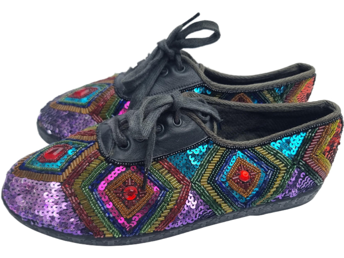 Sequin Beaded Leather Flats - Beverly Feldman - US 7 / EU 38