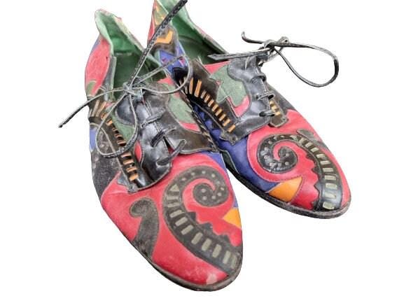 Vintage Beverly Feldmann Leather Flats: Abstract Pattern 1980s Shoes, Size EU 38 / US 7