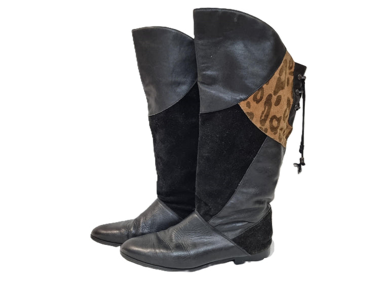 Vintage Leather Riding Boots, Leopard Print Knee High Boots, Black Suede Boots, Boho Hippie Festival Boots, Western Cowboy Boots, EU 40