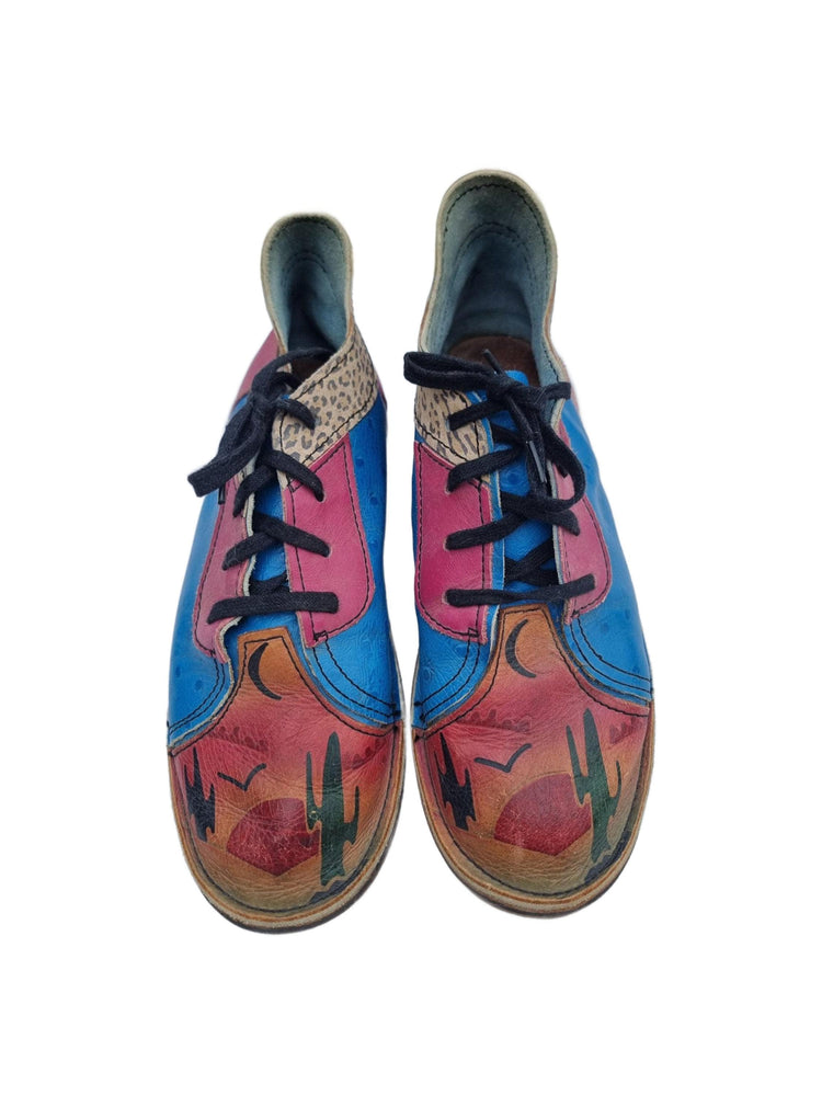 Hand-Painted Leather Desert Sunset Boots – Cactus, Moon, Birds (Size 39)