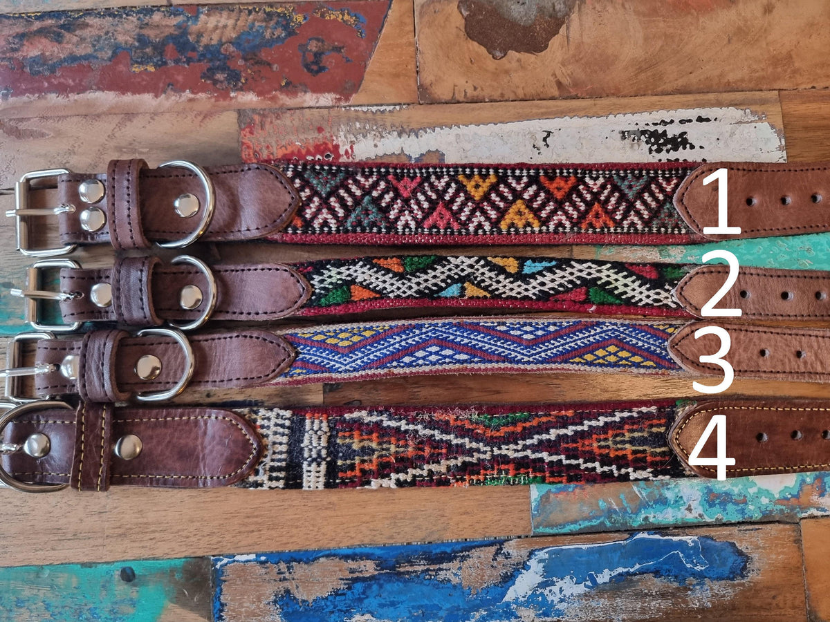 Boho dog collar for small dogs, tribal pet collar real leather, unique puppy collar with moroccan kilim, bohemian dog accessories gifts
