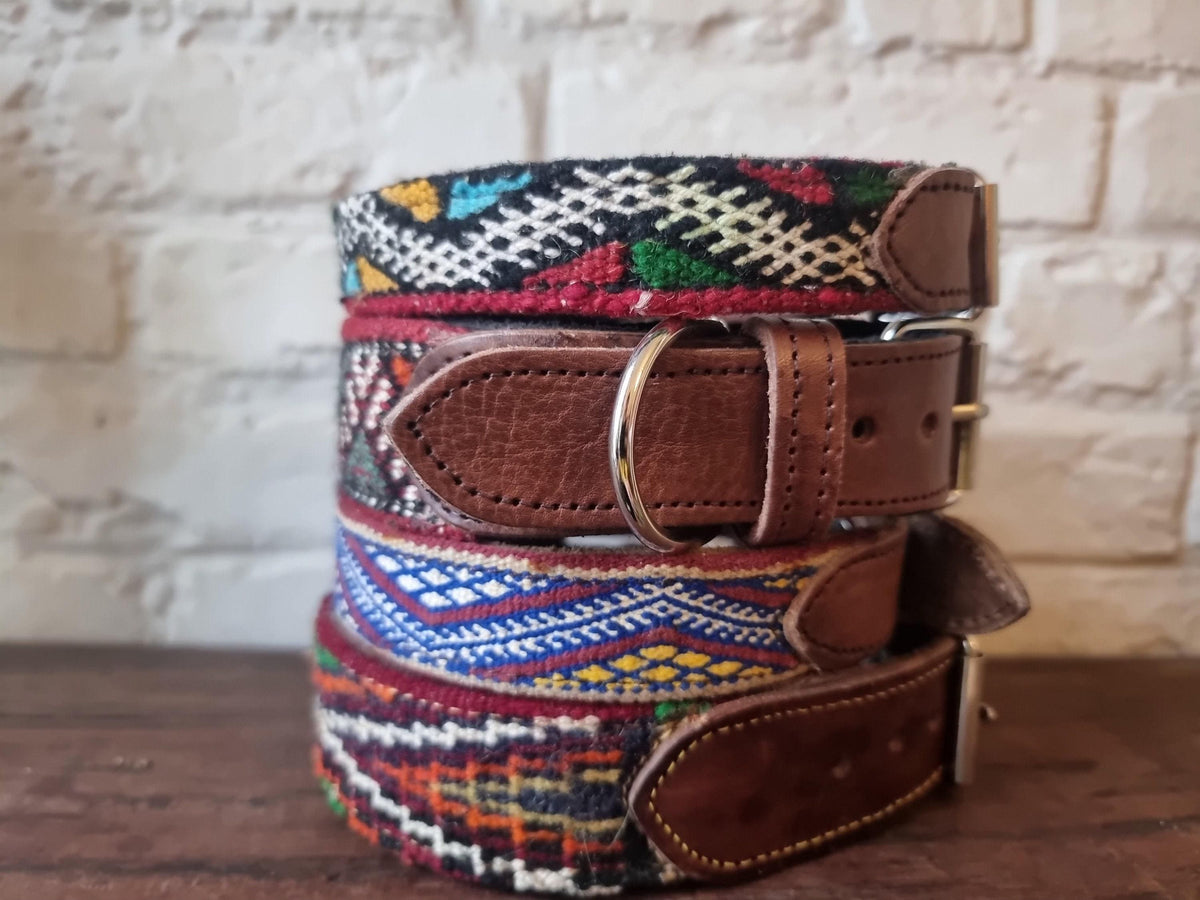 Boho dog collar for small dogs, tribal pet collar real leather, unique puppy collar with moroccan kilim, bohemian dog accessories gifts