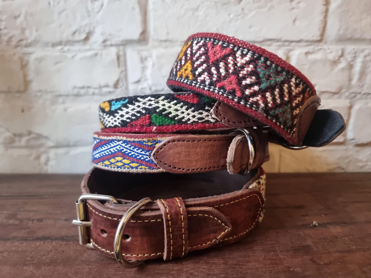 Boho dog collar for small dogs, tribal pet collar real leather, unique puppy collar with moroccan kilim, bohemian dog accessories gifts