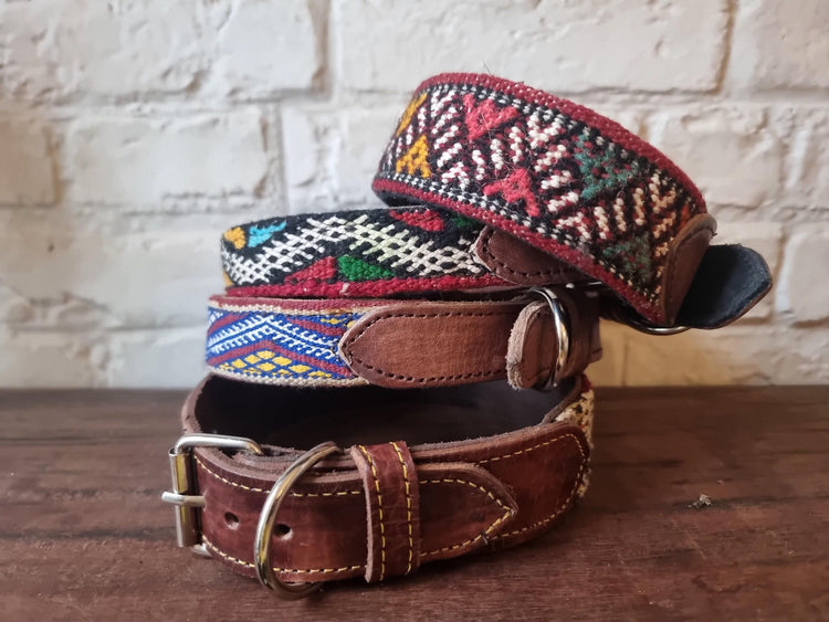Boho dog collar for small dogs, tribal pet collar real leather, unique puppy collar with moroccan kilim, bohemian dog accessories gifts