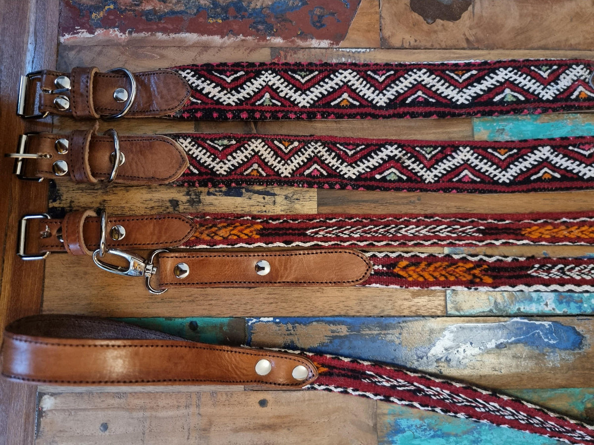 Leather Dog Collar & Leash Set: Vintage Moroccan Kilim, Large Dogs