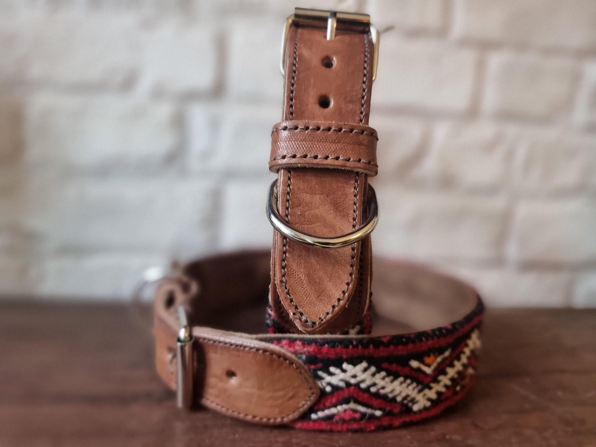 Leather Dog Collar & Leash Set: Vintage Moroccan Kilim, Large Dogs