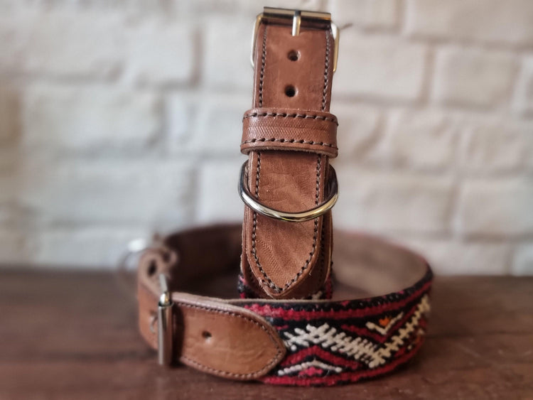 Leather Dog Collar & Leash Set: Vintage Moroccan Kilim, Large Dogs