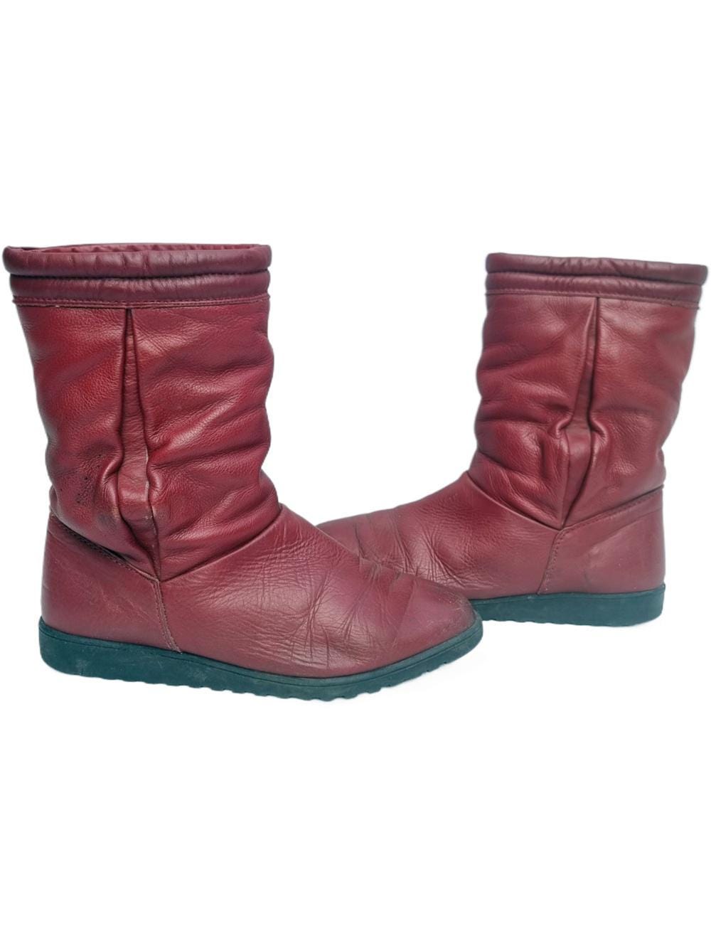 Burgundy Red Leather Winter Boots: Vintage 70s Shearling Lined, UK 6