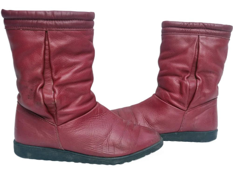 Burgundy Red Leather Winter Boots: Vintage 70s Shearling Lined, UK 6
