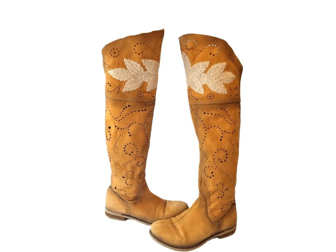 Embroidered Over-the-Knee Leather Boots: Boho Hippie Festival Style (EU 37 / UK 4 / US 6)