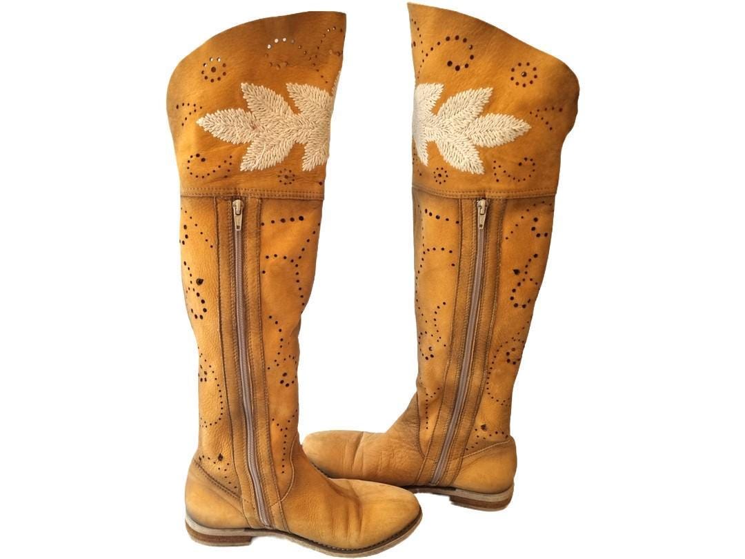 Embroidered Over-the-Knee Leather Boots: Boho Hippie Festival Style (EU 37 / UK 4 / US 6)