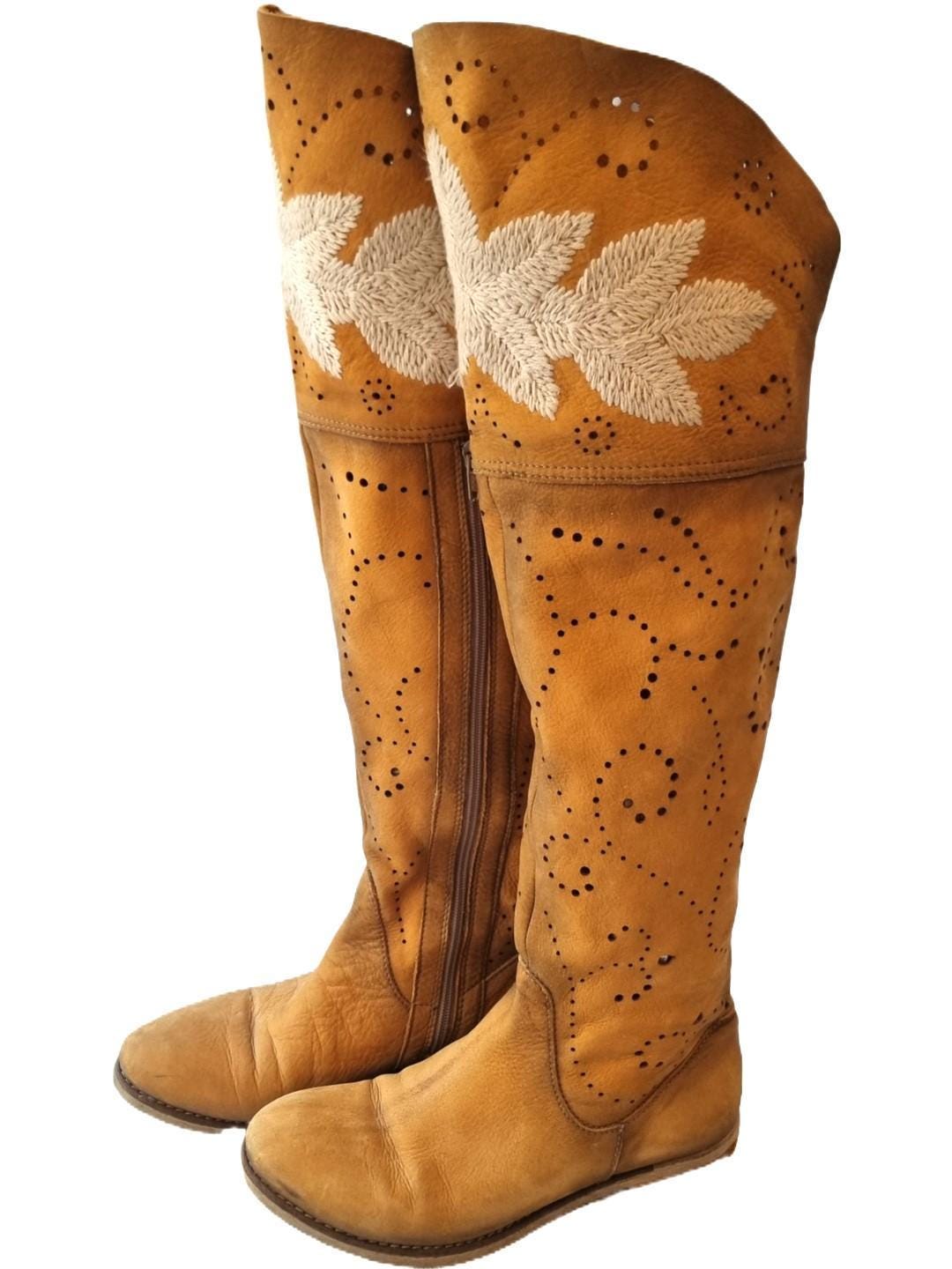 Embroidered Over-the-Knee Leather Boots: Boho Hippie Festival Style (EU 37 / UK 4 / US 6)