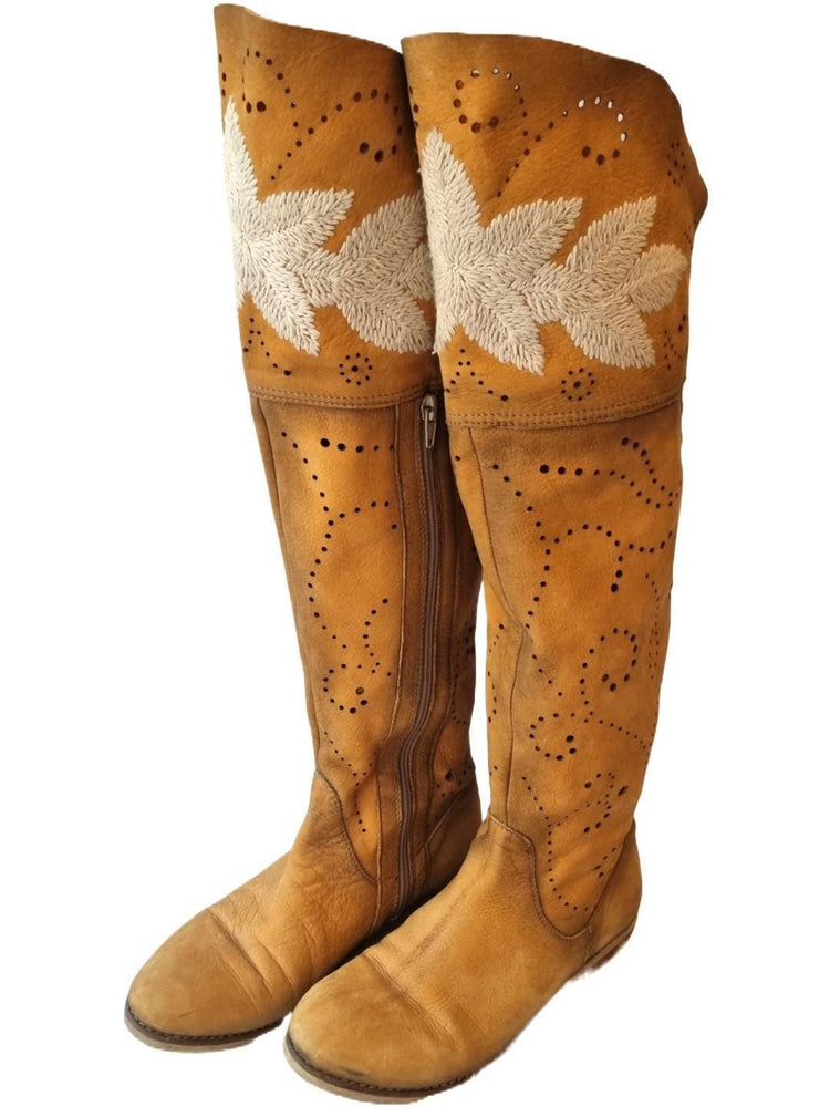 Embroidered Over-the-Knee Leather Boots: Boho Hippie Festival Style (EU 37 / UK 4 / US 6)