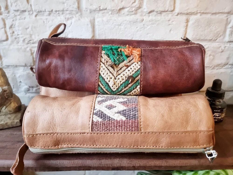 Leather Pencil Pouch with Vintage Moroccan Kilim: Boho Makeup Bag