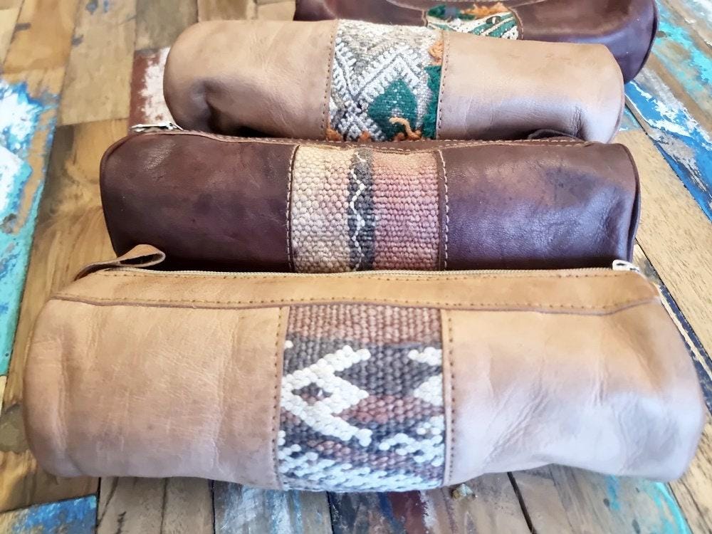 Leather Pencil Pouch with Vintage Moroccan Kilim: Boho Makeup Bag