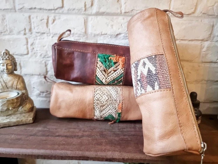 Leather Pencil Pouch with Vintage Moroccan Kilim: Boho Makeup Bag