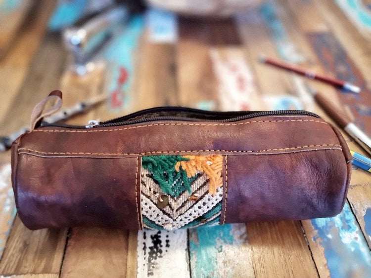 Leather Pencil Pouch with Vintage Moroccan Kilim: Boho Makeup Bag