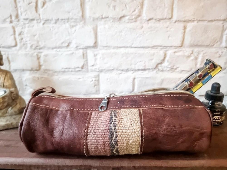 Leather Pencil Pouch with Vintage Moroccan Kilim: Boho Makeup Bag