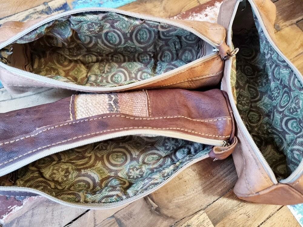 Leather Pencil Pouch with Vintage Moroccan Kilim: Boho Makeup Bag
