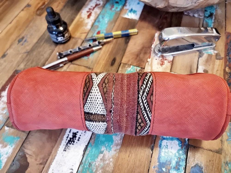 Red Leather Pencil Pouch: Vintage Kilim Detail, Boho Makeup Bag