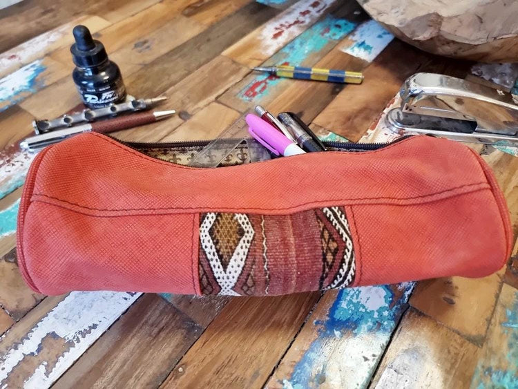 Red Leather Pencil Pouch: Vintage Kilim Detail, Boho Makeup Bag