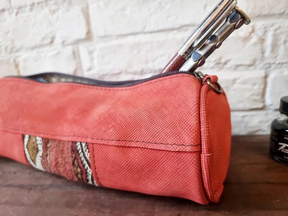 Red Leather Pencil Pouch: Vintage Kilim Detail, Boho Makeup Bag