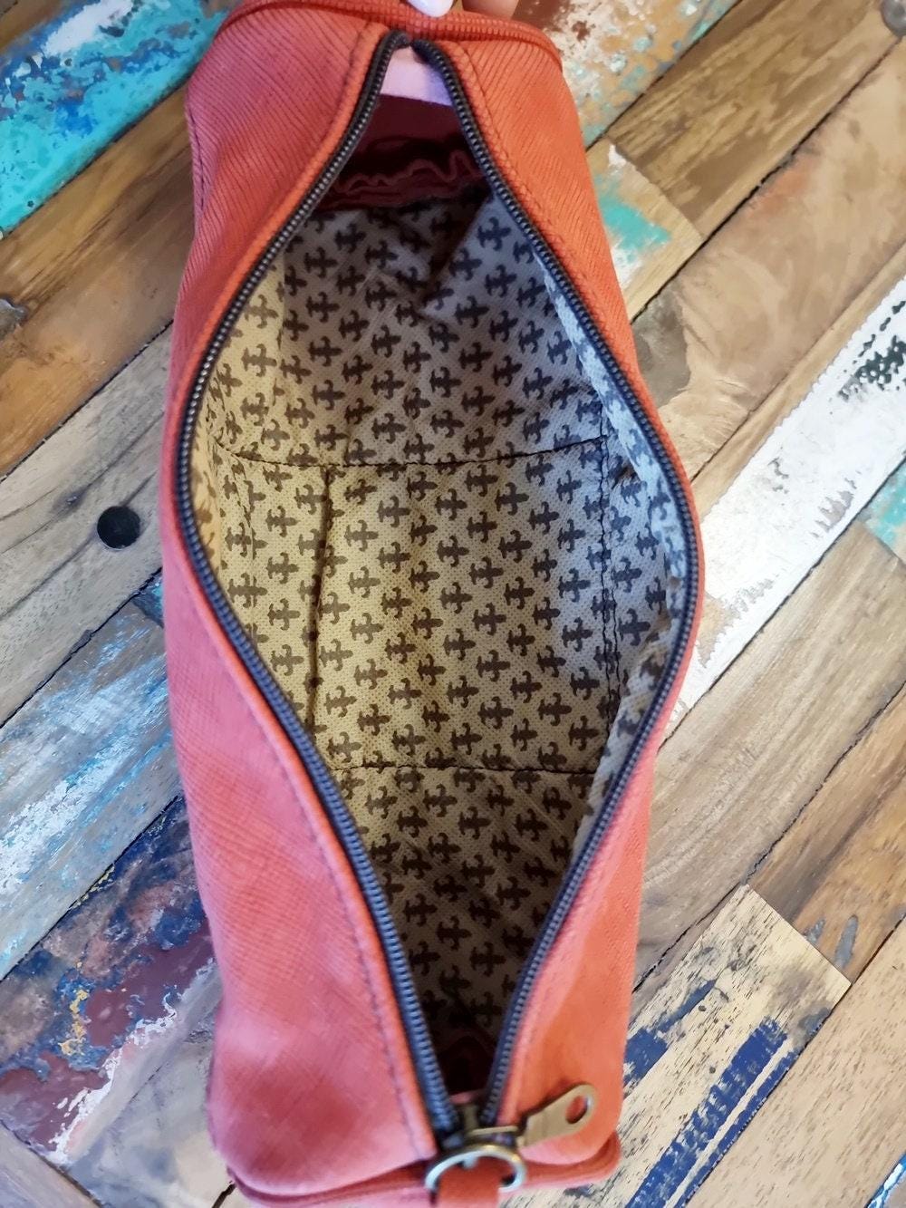 Red Leather Pencil Pouch: Vintage Kilim Detail, Boho Makeup Bag