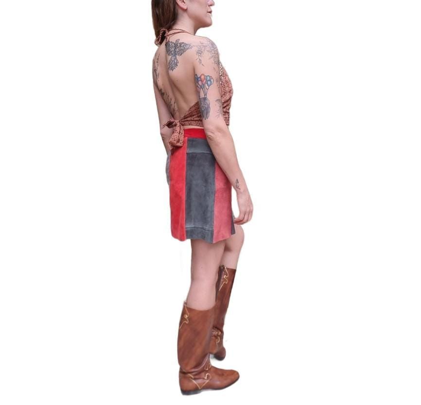 Vintage 70s Patchwork Suede Mini Skirt: Striped Boho Festival Fashion