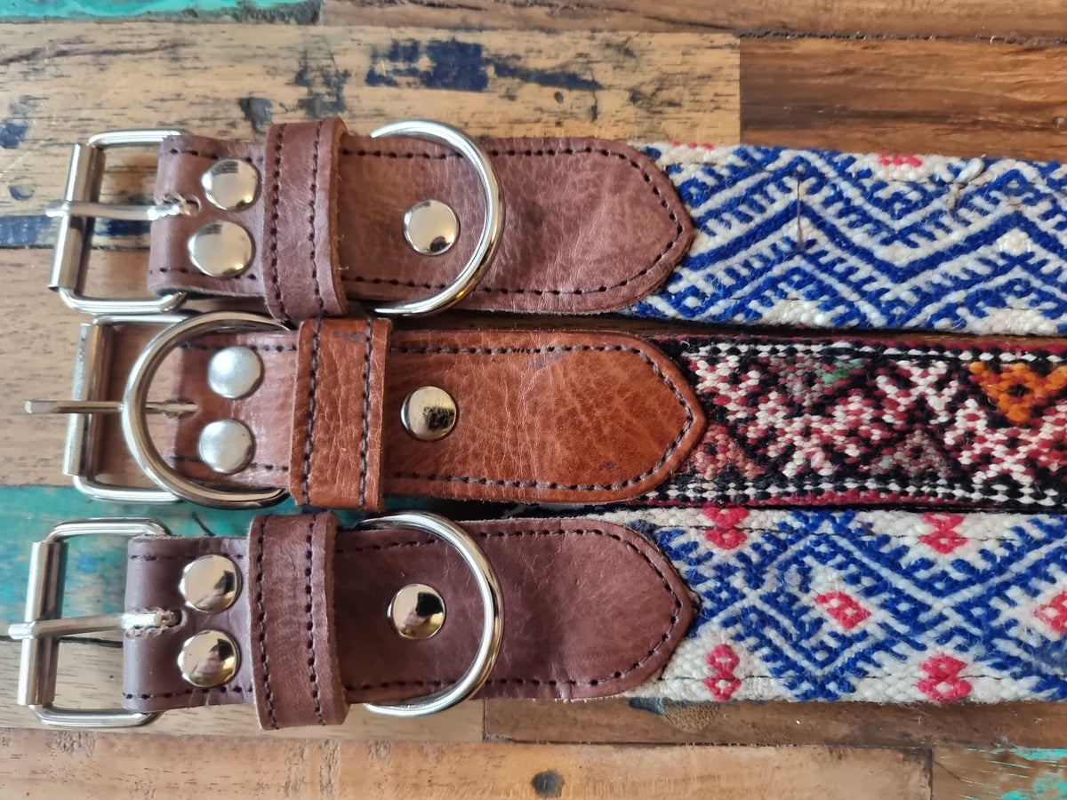 Boho Dog Collar & Leash Set: Moroccan Kilim, Genuine Leather
