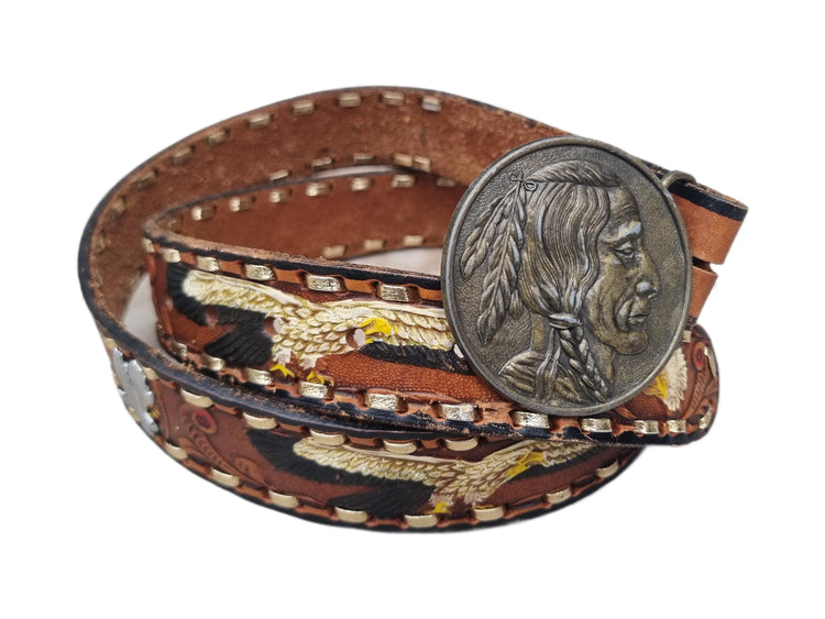 Vintage Hand Tooled Leather Cowboy Belt: American Bald Eagle & Native American Chief