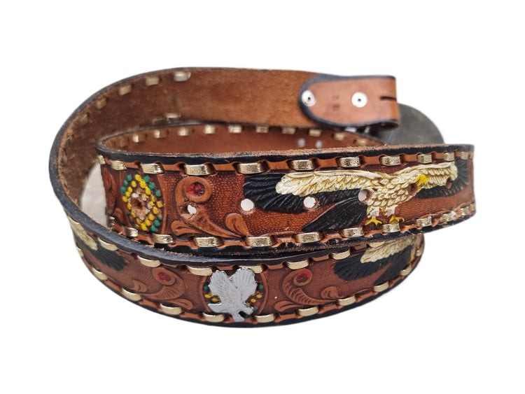 Vintage Hand Tooled Leather Cowboy Belt: American Bald Eagle & Native American Chief