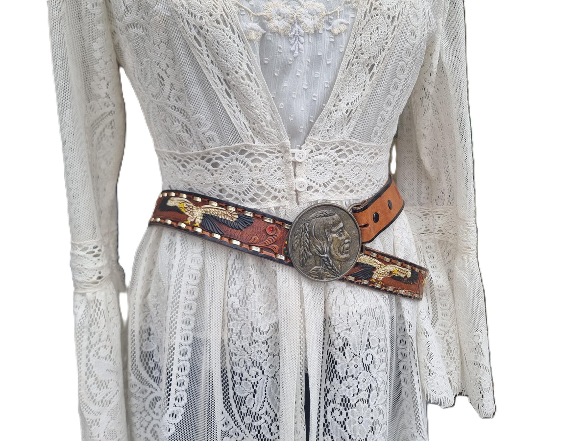 Vintage Hand Tooled Leather Cowboy Belt: American Bald Eagle & Native American Chief