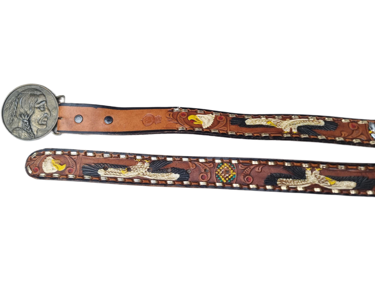 Vintage Hand Tooled Leather Cowboy Belt: American Bald Eagle & Native American Chief