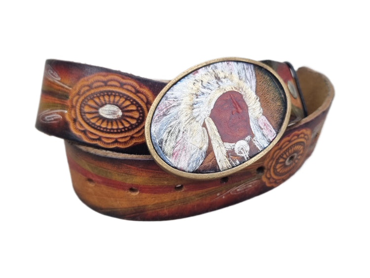 Hand Tooled Leather Western Belt: Native American Chief Brass Buckle