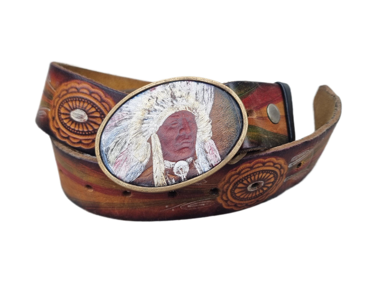 Hand Tooled Leather Western Belt: Native American Chief Brass Buckle