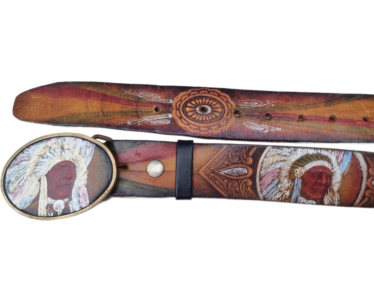 Hand Tooled Leather Western Belt: Native American Chief Brass Buckle