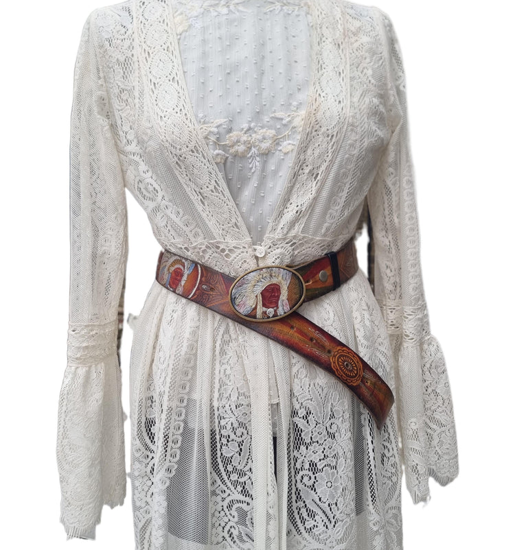 Hand Tooled Leather Western Belt: Native American Chief Brass Buckle