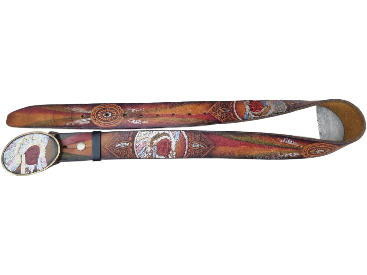 Hand Tooled Leather Western Belt: Native American Chief Brass Buckle
