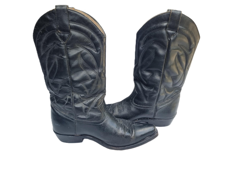 Vintage Black Cowboy Boots, Hand Tooled Leather Western Boots, Unisex Cowgirl Boots, Mens Womens Leather Boots, Retro Western Shoes EU 42