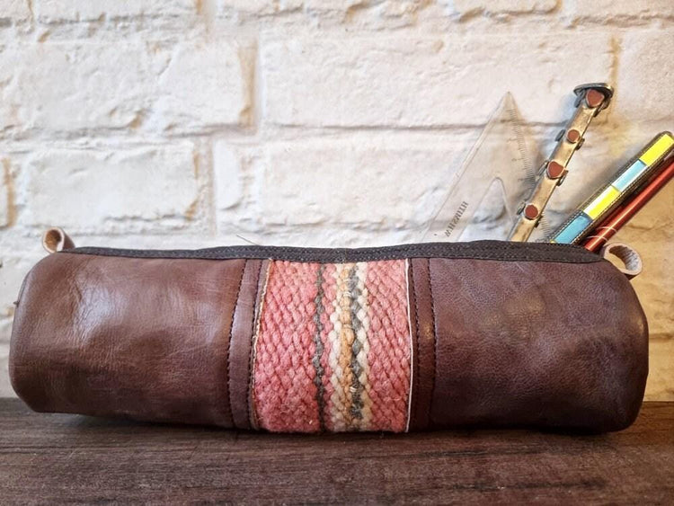 Vintage Moroccan Kilim Leather Pencil Case, Handmade Dark Brown Leather Zipper Pouch, Upcycled Rug Makeup Bag, Artist Gift