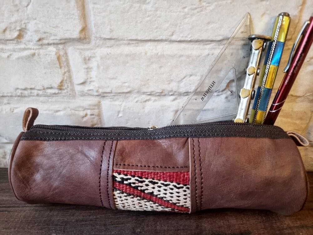 Vintage Moroccan Kilim Leather Pencil Case, Handmade Dark Brown Leather Zipper Pouch, Upcycled Rug Makeup Bag, Artist Gift