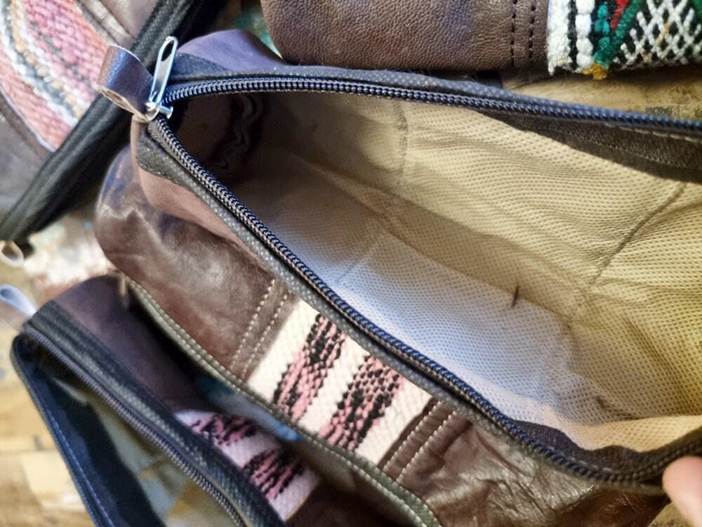 Vintage Moroccan Kilim Leather Pencil Case, Handmade Dark Brown Leather Zipper Pouch, Upcycled Rug Makeup Bag, Artist Gift