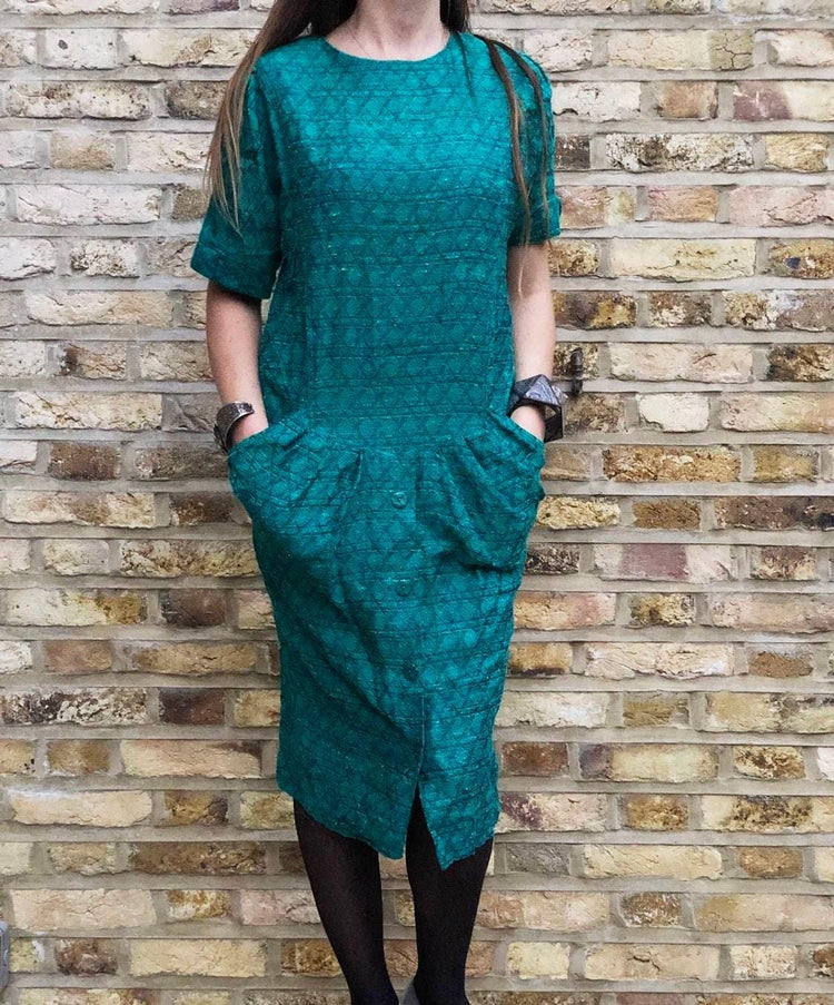 Green Wool Knit Midi Dress: 80s Corset Cottagecore Style