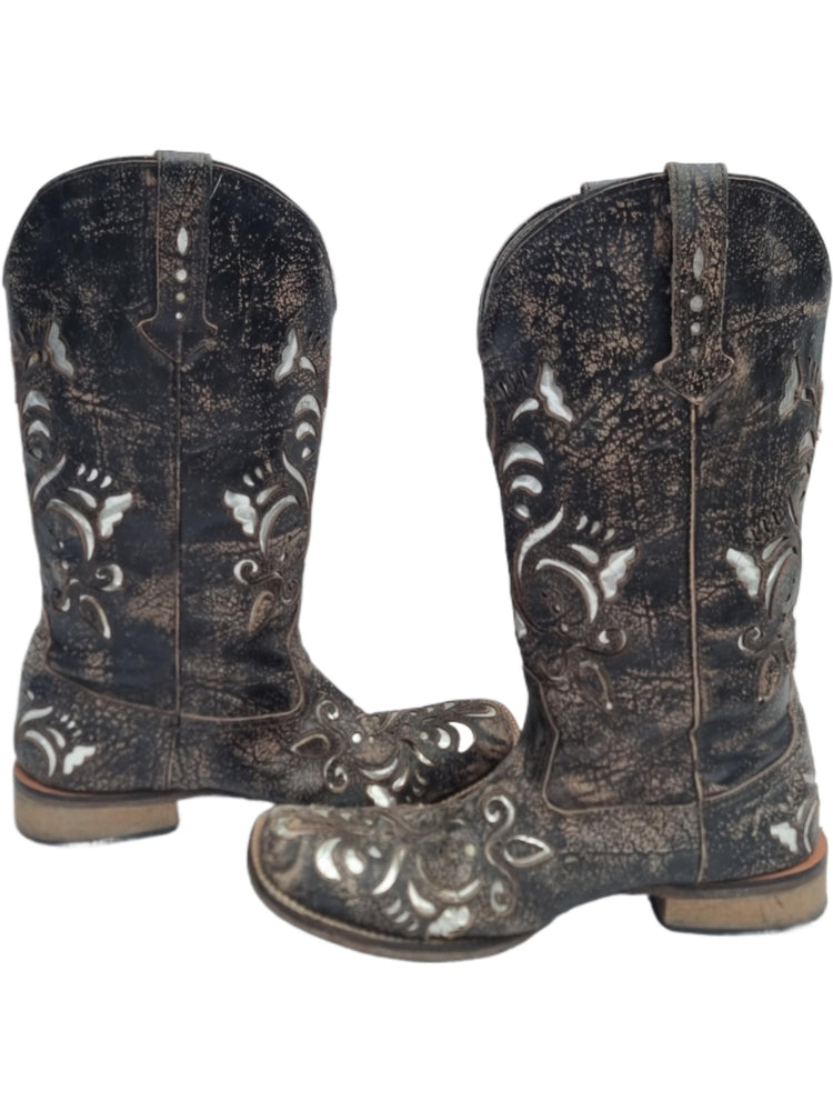 Y2K Leather Biker Boots: Cutout Western Cowboy Style (US 8 / EU 39)