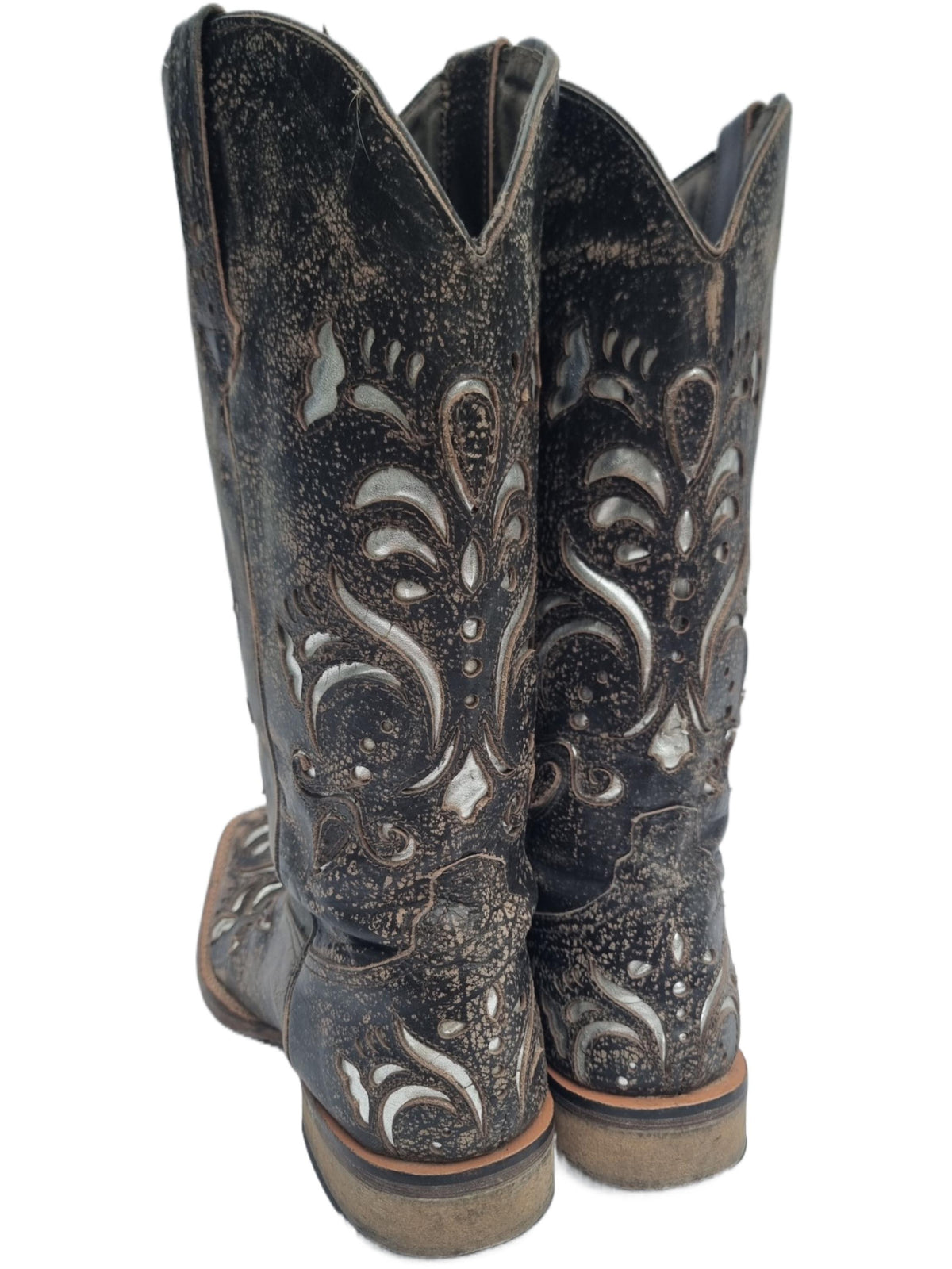 Y2K Leather Biker Boots: Cutout Western Cowboy Style (US 8 / EU 39)