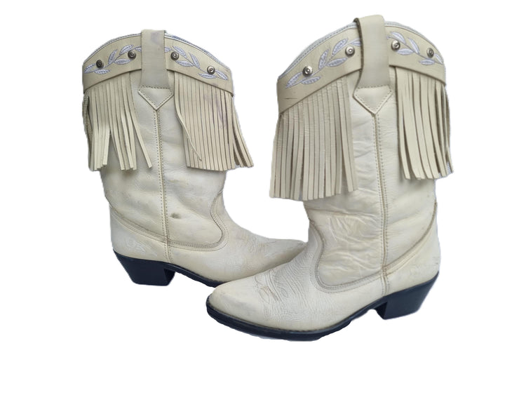 Fringe Leather Cowboy Boots: White Western Cowgirl Booties, US 8 / UK 6