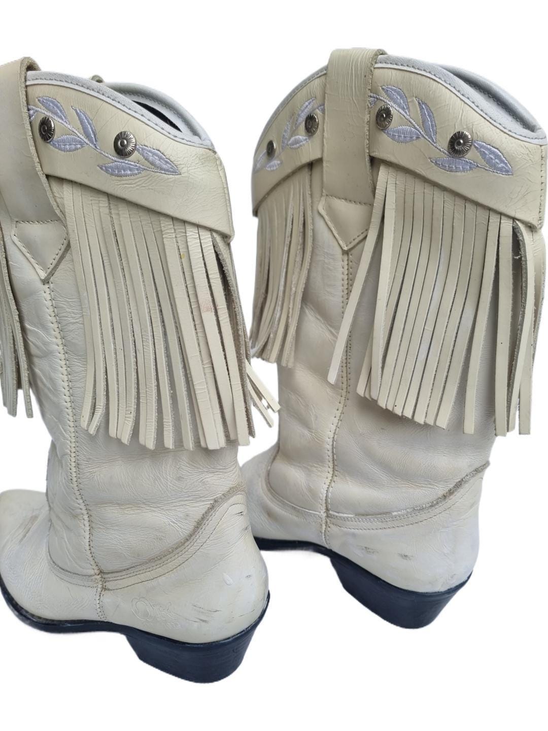 Fringe Leather Cowboy Boots: White Western Cowgirl Booties, US 8 / UK 6