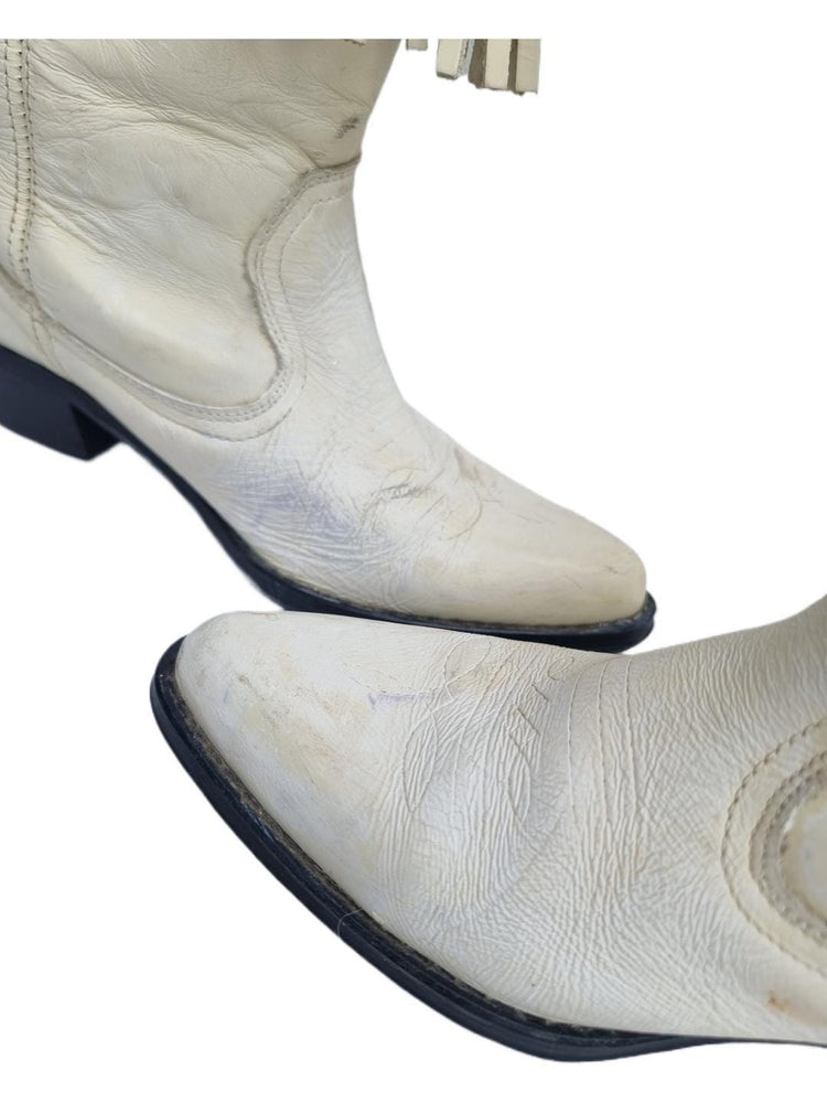 Fringe Leather Cowboy Boots: White Western Cowgirl Booties, US 8 / UK 6